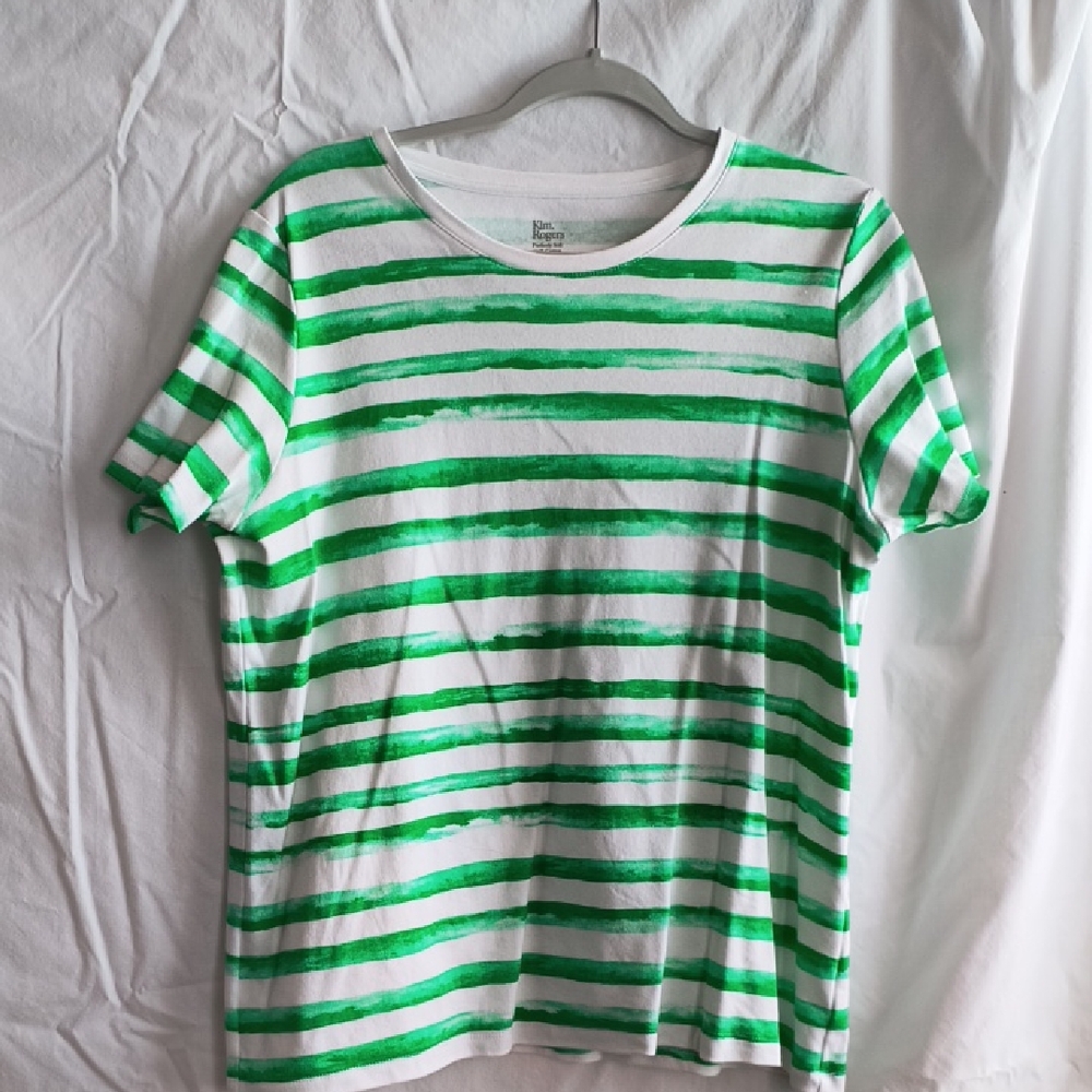 Kim Rogers White and Green Striped Women's Tee